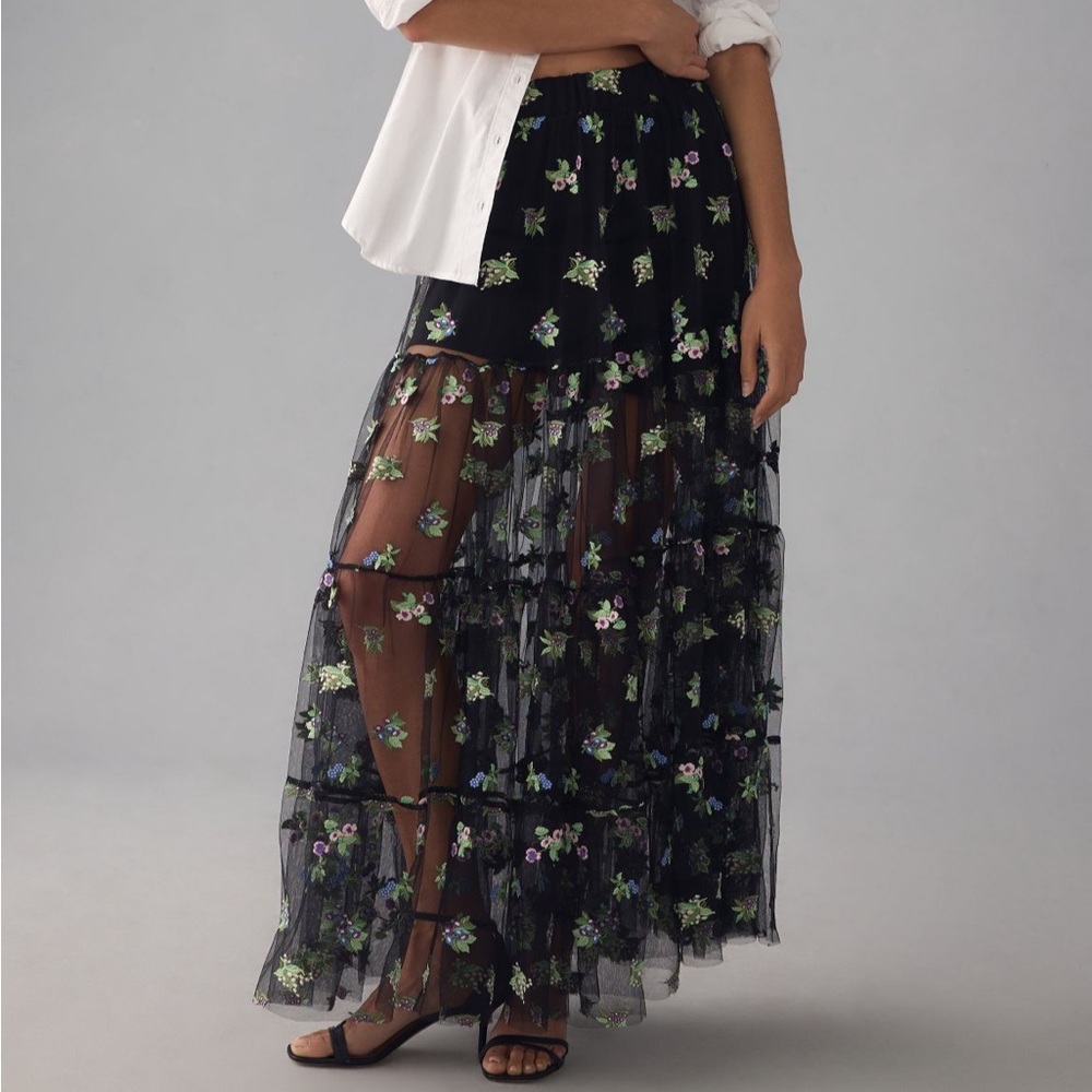 Maeve Anthropologie BlackEmbroidered Sheer Maxi Skirt M NWT